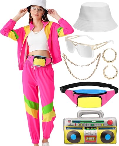 VillbeCoser Damen-Outfits im 80er-/90er-Jahre-Stil, Trainingsanzug, Kostümzubehör, Farbblock-Windbreaker-Jacke (Pink/Gelb, XL) von VillbeCoser