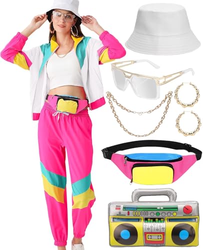 VillbeCoser Damen-Outfits im 80er-/90er-Jahre-Stil, Trainingsanzug, Kostümzubehör, Farbblock-Windbreaker-Jacke (weiß/rosa, M) von VillbeCoser