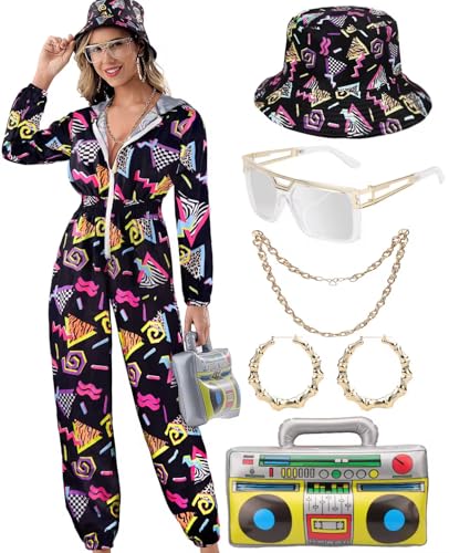 VillbeCoser Hoodies Jumpsuit 80er 90er Jahre Outfits für Frauen Trainingsanzug Kostüm Einteiler Windbreaker Hip Hop Neon Party, Schwarz, 3XL VillbeCoser Hoodies Jumpsuit 80er 90er Jahre Outfits für Frauen Trainingsanzug Kostüm Einteiler Windbreaker Hip Hop Neon Party, Schwarz, 3XL von VillbeCoser