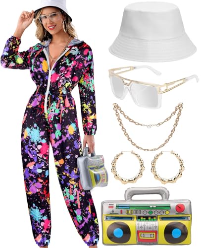 VillbeCoser Hoodies Jumpsuit 80er 90er Jahre Outfits für Frauen Trainingsanzug Kostüm Einteiler Windbreaker Hip Hop Neon Party, Splash, 3XL VillbeCoser Hoodies Jumpsuit 80er 90er Jahre Outfits für Frauen Trainingsanzug Kostüm Einteiler Windbreaker Hip Hop Neon Party, Splash, 3XL von VillbeCoser