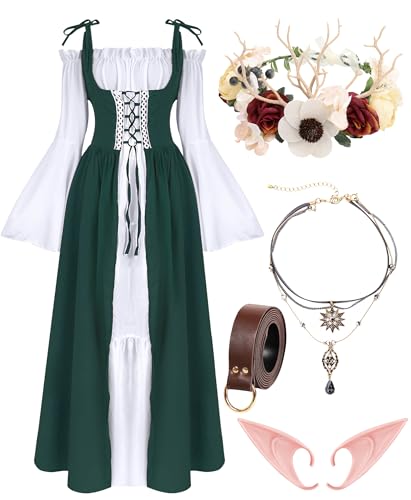 VillbeCoser Renaissance Kleider Mittelalter Kostüm für Frauen Blume Krone Elf Ohr Choker Halskette Ledergürtel Fee, Dunkelgrünweiß, Small von VillbeCoser