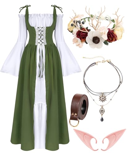 VillbeCoser Renaissance Kleider Mittelalter Kostüm für Frauen Blume Krone Elf Ohr Choker Halskette Ledergürtel Fee, Grün / Weiß, X-Small VillbeCoser Renaissance Kleider Mittelalter Kostüm für Frauen Blume Krone Elf Ohr Choker Halskette Ledergürtel Fee, Grün / Weiß, X-Small von VillbeCoser