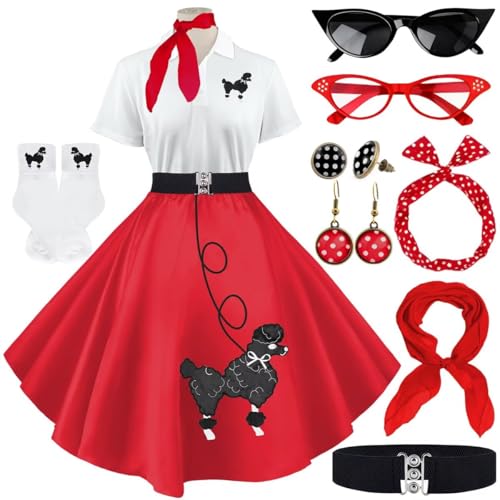 VillbeCoser Sock Hop Outfits Damen, 1950er Pudel Kleider, Poloshirt mit 50er Jahre Zubehör, Socken, Schal, Stirnband, Gürtel, 10 Stück, Rot/Ausflug, einfarbig (Getaway Solids), Small von VillbeCoser