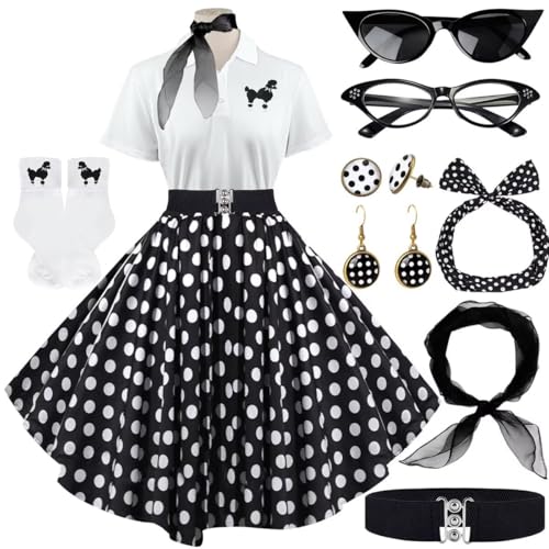 VillbeCoser Sock Hop Outfits Damen, 1950er Pudelröcke, Poloshirt mit 50er-Jahre-Zubehör, Socken, Schal, Stirnband, Gürtel, 10 Stück (BlackDot-L), Schwarz-Weiß-Punkt, Large von VillbeCoser