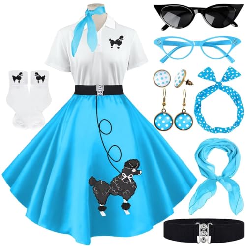 VillbeCoser Sock-Hop-Outfits für Damen, 1950er-Jahre-Pudelkleider, Poloshirt mit 50er-Jahre-Zubehör, Socken, Schal, Stirnband, Gürtel, 10 Stück, Blau, XL VillbeCoser Sock-Hop-Outfits für Damen, 1950er-Jahre-Pudelkleider, Poloshirt mit 50er-Jahre-Zubehör, Socken, Schal, Stirnband, Gürtel, 10 Stück, Blau, XL von VillbeCoser