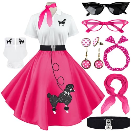 VillbeCoser Sock-Hop-Outfits für Damen, 1950er-Jahre-Pudelkleider, Poloshirt mit 50er-Jahre-Zubehör, Socken, Schal, Stirnband, Gürtel, 10 Stück, Knallpink (Hot Pink), XXL von VillbeCoser