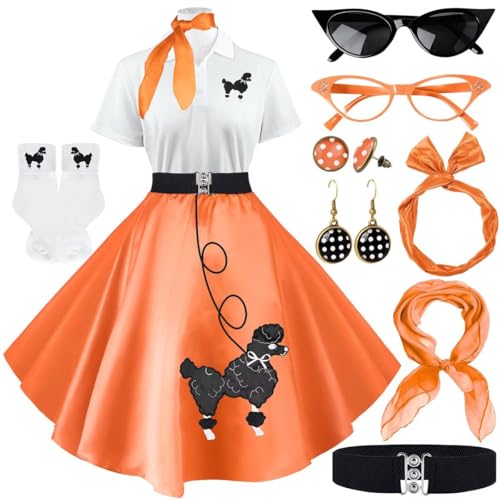 VillbeCoser Sock-Hop-Outfits für Damen, 1950er-Jahre-Pudelkleider, Poloshirt mit 50er-Jahre-Zubehör, Socken, Schal, Stirnband, Gürtel, 10 Stück, Orange/Abendrot im Zickzackmuster (Sunset Chevron), M VillbeCoser Sock-Hop-Outfits für Damen, 1950er-Jahre-Pudelkleider, Poloshirt mit 50er-Jahre-Zubehör, Socken, Schal, Stirnband, Gürtel, 10 Stück, Orange/Abendrot im Zickzackmuster (Sunset Chevron), M von VillbeCoser