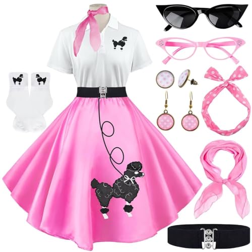 VillbeCoser Sock-Hop-Outfits für Damen, 1950er-Jahre-Pudelkleider, Poloshirt mit 50er-Jahre-Zubehör, Socken, Schal, Stirnband, Gürtel, 10 Stück, Pink, XXL von VillbeCoser