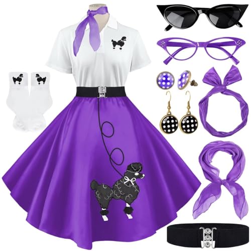 VillbeCoser Sock-Hop-Outfits für Damen, 1950er-Jahre-Pudelkleider, Poloshirt mit 50er-Jahre-Zubehör, Socken, Schal, Stirnband, Gürtel, 10 Stück, Violett, L VillbeCoser Sock-Hop-Outfits für Damen, 1950er-Jahre-Pudelkleider, Poloshirt mit 50er-Jahre-Zubehör, Socken, Schal, Stirnband, Gürtel, 10 Stück, Violett, L von VillbeCoser