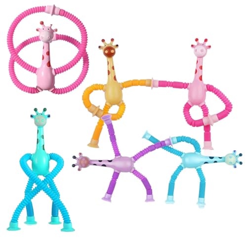 6 Stück Teleskop Saugnapf Giraffe Spielzeug, Telescopic Suction Cup Giraffe Toy, Baby Toddler Toys mit Saugnapf für Jungen Und MäDchen von Vimmvid