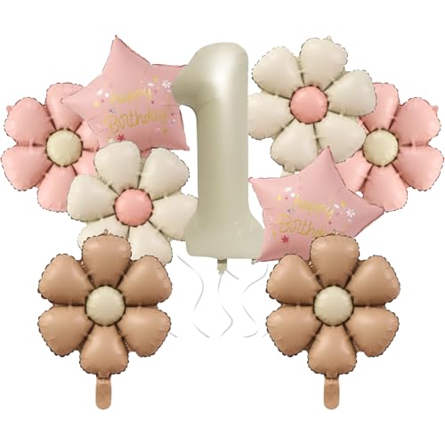 9 Stück Geburtstagsdeko 1. Geburtstag Mädchen mit Gänseblümchen Folienballon, Luftballon 1. Geburtstag Deko, für Erster Mädchen Kindergeburtstag Deko von Vimmvid