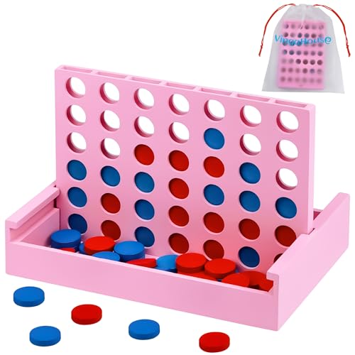 VingaHouse Vier Gewinnt Holz, Kinder Brettspiel, 4 in Einer Reihe Reihe Vertikales Brettspiel, Strategiespiel für 2 Spieler, Pädagogische Spielzeuggeschenke für Kinder Geeignet [Rosa] von VingaHouse