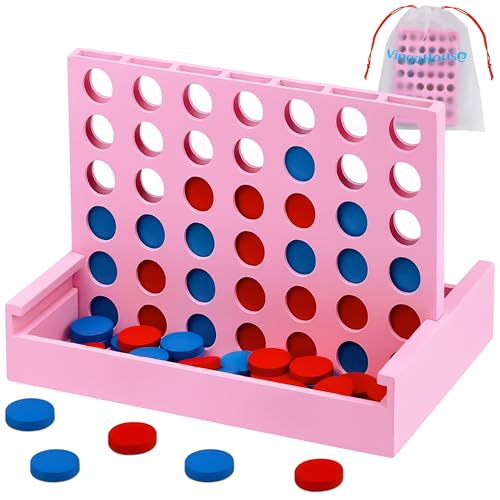 VingaHouse Vier Gewinnt Holz, Kinder Brettspiel, 4 in Einer Reihe Reihe Vertikales Brettspiel, Strategiespiel für 2 Spieler, Pädagogische Spielzeuggeschenke für Kinder Geeignet [Rosa] von VingaHouse