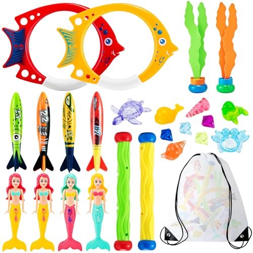 Vinitoy Tauchspielzeug-Set: 24 Stück Pool Spielzeug mit Tauchringen, Meerjungfrauen, Toypedo Banditen, Tauchstöcken, Algenspielzeug und Edelsteinen für Kinder ab 5 Jahren, inkl. Tragetasche Vinitoy Tauchspielzeug-Set: 24 Stück Pool Spielzeug mit Tauchringen, Meerjungfrauen, Toypedo Banditen, Tauchstöcken, Algenspielzeug und Edelsteinen für Kinder ab 5 Jahren, inkl. Tragetasche von Vinitoy