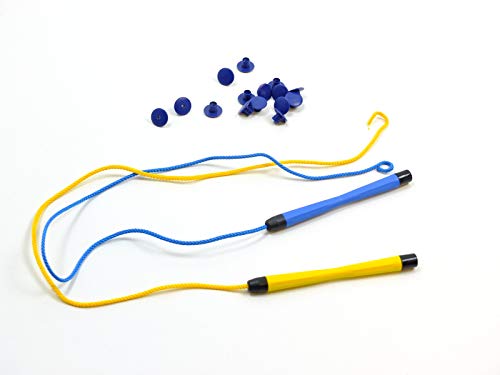 Vinkelau 2er Set Magnetstifte groß (1x blau 1x gelb) + 15 Stück Snip-Verbinder (2 Davon mit Löchern) Ersatzstifte für Wand-, Tisch- und Großspiele / Länge Schnur inkl. Stift: 75 cm / Stift: 14 cm von Vinkelau