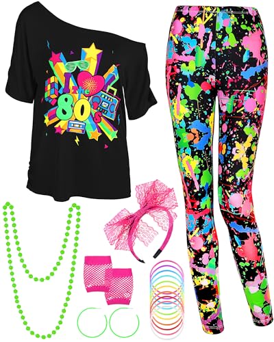 Vinsatin 16-teiliges 80er-Jahre-Kostüm-Outfit-Zubehör für Damen, T-Shirt, Leggings, Hosen, Handschuhe, Ohrringe, Halskette, Armbänder, Haarband-Sets (XXL, Splash-Stil) von Vinsatin