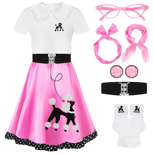 Vinsatin 8 Stück 50er Jahre Mädchen Kostüm Pudel Rock 1950er Jahre Kinder Outfit Hemd Schal Gürtel Stirnband Ohrringe Brille Socken (10–12 Jahre) von Vinsatin