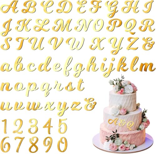 Viojrlly 64 Stück Buchstaben Tortendeko A-Z Großbuchstaben Kleinbuchstaben und Tortendeko Zahlen 0-9 Gold Acryl Torten Deko Sets Spiegelbuchstaben für Geburtstag Hochzeits Jubiläum Party Feier von Viojrlly