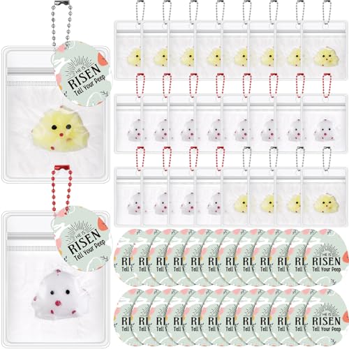 VioraWhite 24 Sets christliche Ostergeschenke, eiförmige Karten und Quetsch-Stressküken, Osterkorbfüller, religiöses Stressspielzeug, "He Is Risen"-Dekorationen von VioraWhite