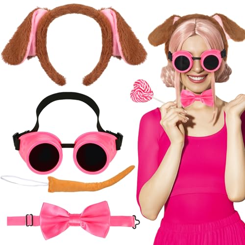 VioraWhite 4-teiliges Halloween-Hunde-Kostüm-Set, braune Hundeohren, Stirnband, Schwanz, rosa Brille und Fliege für Erwachsene, Damen, Cosplay, Party, Halloween-Kostüm-Zubehör VioraWhite 4-teiliges Halloween-Hunde-Kostüm-Set, braune Hundeohren, Stirnband, Schwanz, rosa Brille und Fliege für Erwachsene, Damen, Cosplay, Party, Halloween-Kostüm-Zubehör von VioraWhite