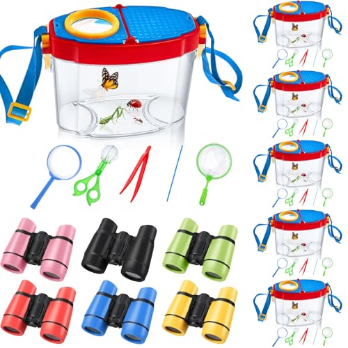 VioraWhite 6 Sets Insektenfänger-Set für Kinder, Outdoor-Entdecker-Set, Sommer-Bug-Sammel-Set mit Kinder-Fernglas, Schmetterlingsnetz, Lupe, Pinzette, Käferbeobachtungsbehälter mit Schultergurt von VioraWhite