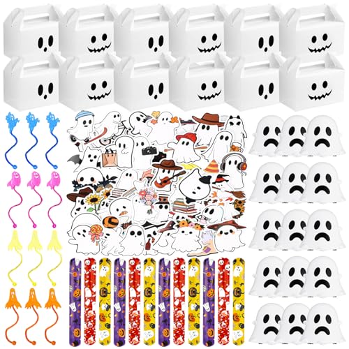 VioraWhite 98 Stück Halloween-Geister-Spielzeug für Kinder, Partyzubehör, Halloween-Rückziehautos, Slap-Armbänder, klebrige Hände und Aufkleber, Geschenkbox für Klassenzimmerpreis, Urlaub von VioraWhite