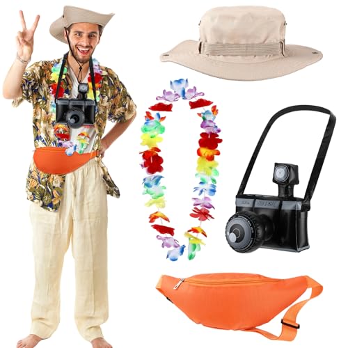 VioraWhite Halloween-Touristen-Kostüm-Set für Erwachsene, lustige Kamera-Hut-Girlande für Hawaii, Halloween, Sommer, Strand, Luau, Party-Dekoration, 4-teilig von VioraWhite