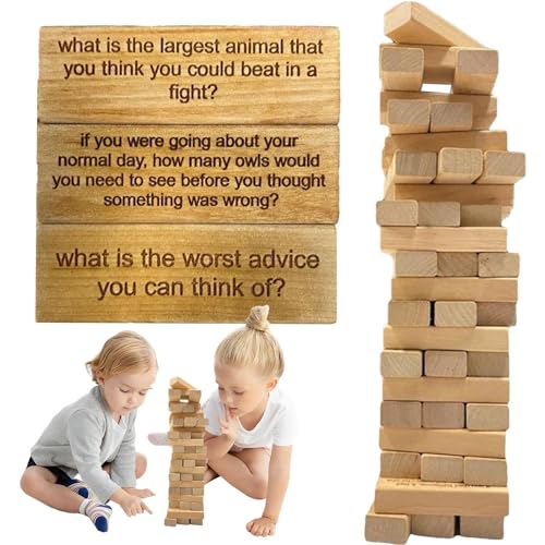 54PCS Ice Breaker Questions Tumbling Tower Game | Questions Tumbling,Wood Blocks with Questions Block Building Game,Funny Blocks Stacking Tower Game,Conversation Starter Party Games for Kids Adults von Virtcooy