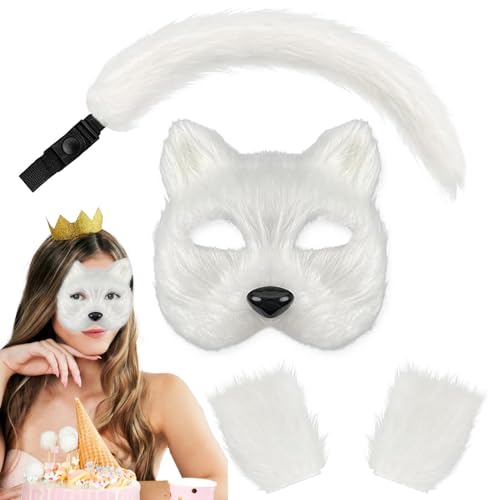 Furry Foxes Maskss Wolf Foxes Tail And Paw Gloves Set | Cat Costumes For Women Foxes Maskss And Tail Glove Set,Faux Furry Foxes Maskss Wolf Cat Fluffy Tail Set For Cosplay Animal Party Costume von Virtcooy