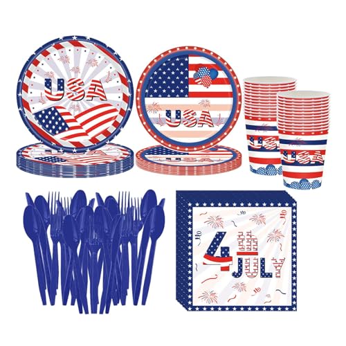 Virtcooy Patriotisches Geschirr-Set mit amerikanischer Flagge, patriotisches Partyzubehör, Geschirr-Set | 4. Juli Patriotisches Geschirrset mit amerikanischer Flagge,Komplettes Partyzubehör für von Virtcooy