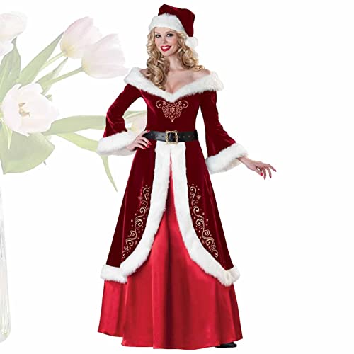 Virtcooy Weihnachtskleid - Weihnachtskönigin Kleid - Weihnachtsmann Gürtel und raue Kanten, tiefer V-Ausschnitt mit Hut für Weihnachtskönigin Cosplay von Virtcooy