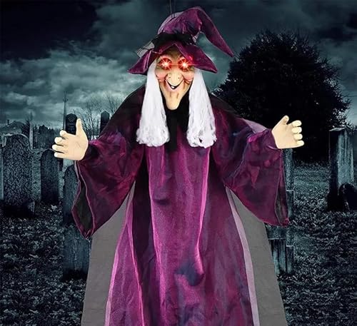 Halloween Deko Outdoor, Animierte Hängende Sprechendemit Leuchtenden Augen, Gruselige Requisiten, gruselige Hexe, Halloween-Dekoration für Garten, Hof, Rasen von VisBeaut