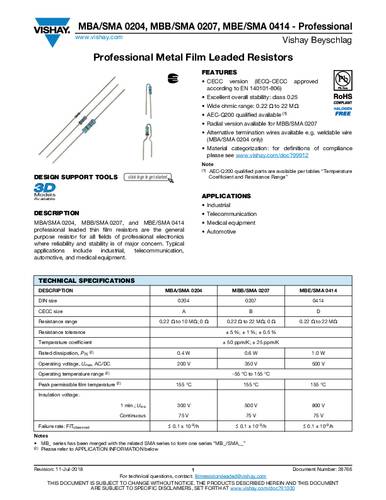Vishay MBA02040C1001FCT00 Metallschicht-Widerstand 1kΩ axial bedrahtet 0.40W 1% Tape von Vishay