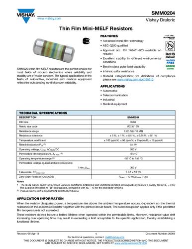 Vishay SMM02040C3001FB300 Dünnschicht-Widerstand 3.0kΩ SMD 0.25W 0.01% Tape von Vishay