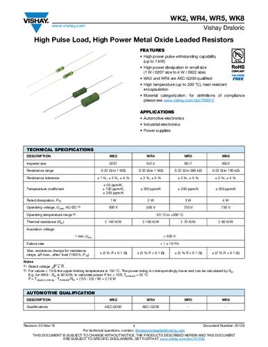 Vishay WK202070A4702J2200 Metallschicht-Widerstand 47kΩ axial bedrahtet 1W 5% Tape von Vishay