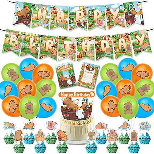 Capybara-Geburtstagsdekorationen, Niedliches Tier-Design-Luftballons-Pastell-Dekorationsset, Capybara Geburtstag Banner, Toppers Cupcakes, Kuchen-Topper, Ballons, Capybara Birthday Party Supplies von Visiblurry