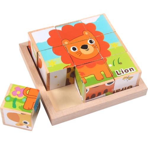 Holzwürfelpuzzle, 3D Bildwürfelpuzzle, 6 in 1 Tiermuster Holzpuzzle, lustiges Spielzeug für 1 2 3 4 Jahre alt und älter, Puzzle Holzspielzeug für Jungen und Mädchen von Viskee