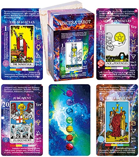 Vitacera TarotKarten für Anfänger mit Bedeutungen, TarotKartendeck mit Anleitung, Schlüsselwörtern, Ja oder Nein, Timing, Farben, Musikfeld, Planet, Sternzeichen, Element, Chakra, Numerologie und von Vitacera