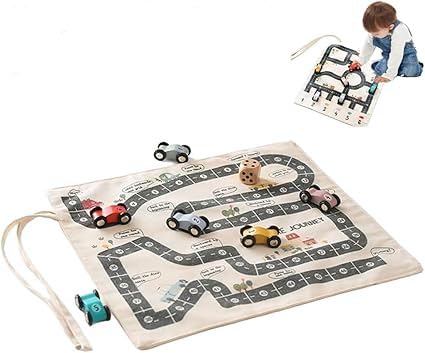 Canvas Car Toy Set,Wooden Car Canvas Sheets Track Game Mat,Parent-Child Interaction Canvas Game Mat Wooden Car Playmat,Multi-Functional Wooden Car Toys,Foldable Canvas Sheets Track Game Mat (1 pcs) von Vitrywei