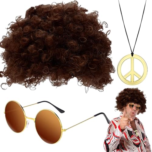 Disco-Perücke und Sonnenbrille - Hippie Perücke Sonnenbrille Halskette Set, 70er Disco Herren Accessoires, elastische Afro Perücken | 3 Halloween Cosplay Requisiten von Vitsrisea