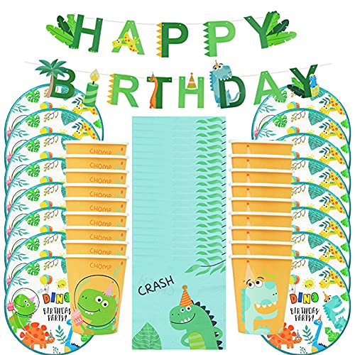 Viudecce 49-teiliges Dinosaurier-Thema Partygeschirr-Set, Einweggeschirr, Pappteller, Tasse, Kinder, Garron, Dschungel, Geburtstagsparty, Dekoration für Babys von Viudecce