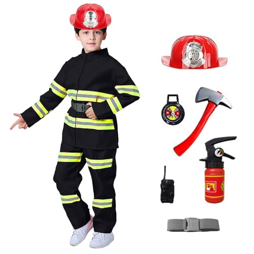 Feuerwehr Kostüm Kinder Junge Set - Feuerwehrmann Spielzeug Zubehör Verkleidung Rucksack Helm Feuerlöscher Fireman Costume Pretend Role Play Outfit with Accessories Fire Brigade Training 90-180 von Viunychn