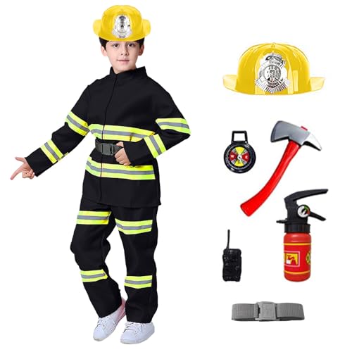Feuerwehr Kostüm Kinder Junge Set - Feuerwehrmann Spielzeug Zubehör Verkleidung Rucksack Helm Feuerlöscher Fireman Costume Pretend Role Play Outfit with Accessories Fire Brigade Training 90-180 von Viunychn
