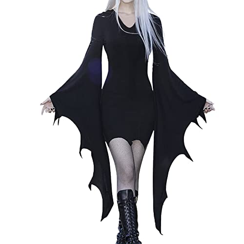 Viunychn Halloween Kostüm Damen - Vampir Halloweenkostüm Kleidung Outfit Gruselig Anime Hexen Gothic Kleidung Halloween Kostüm Fledermausärmel Festlich Retro Minikleid Schwarz Steampunk Kleider S-XXl von Viunychn