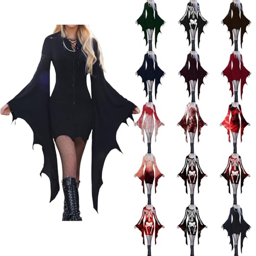 Viunychn Halloween Kostüm Damen - Vampir Halloweenkostüm Kleidung Outfit Gruselig Anime Hexen Gothic Kleidung Halloween Kostüm Fledermausärmel Festlich Retro Minikleid Schwarz Steampunk Kleider S-XXl von Viunychn