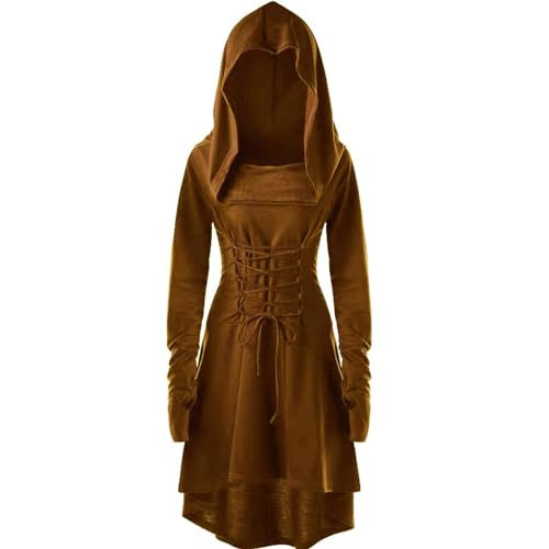 Viunychn Halloween Kostüm Kleid Damen - Gothic Kleidung Steampunk Hexenkostüm Mittelalter Kleid Mit Kapuze Langarm Kleider Renaissance Cosplay Für Karneval Party S-4XL von Viunychn