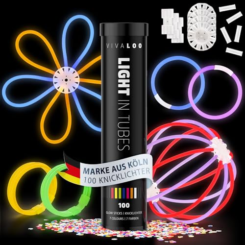Vivaloo 200 Knicklichter Set 7 Farben inkl. Verbinder - Leuchtstäbe für Armbände, Brillen, Bälle - Festival Zubehör - Neon Lichter - Deko von Vivaloo