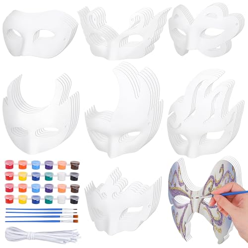 Vivantia 40 Stück DIY Weiße Papiermasken Halbgesichtsmaskerade Maske Blank Handbemalte Graffiti Masken mit Haltegurt Acrylfarbe Pinsel Karneval Party Maske für Halloween Karneval Cosplay Partys von Vivantia
