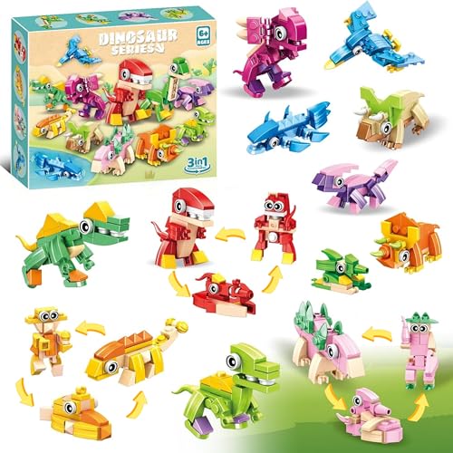 VizBrou 12 Pack Dinosaurier Bausteine Bausatz, 417 Teile Lernspielzeug Mini Dinosaurier Bauset zum Selberbauen, Kreatives DIY STEM Modell für Kinder ab 6 Jahren, Deko, Partygeschenk für Jungen von VizBrou