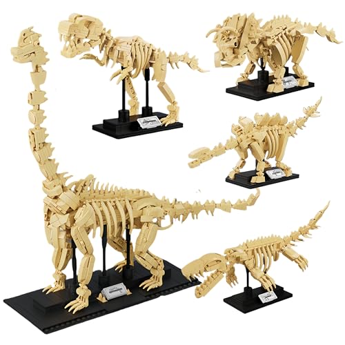 VizBrou 4-in-1 T-Rex Dinosaurier Skelett Bausteine Bausatz, Jurassic T-Rex Triceratops Mosasaurus Fossile Knochen Bausatz, Urzeit Tiermodell Spielzeug für Jungen Kinder und Erwachsene, 1221 Teile von VizBrou
